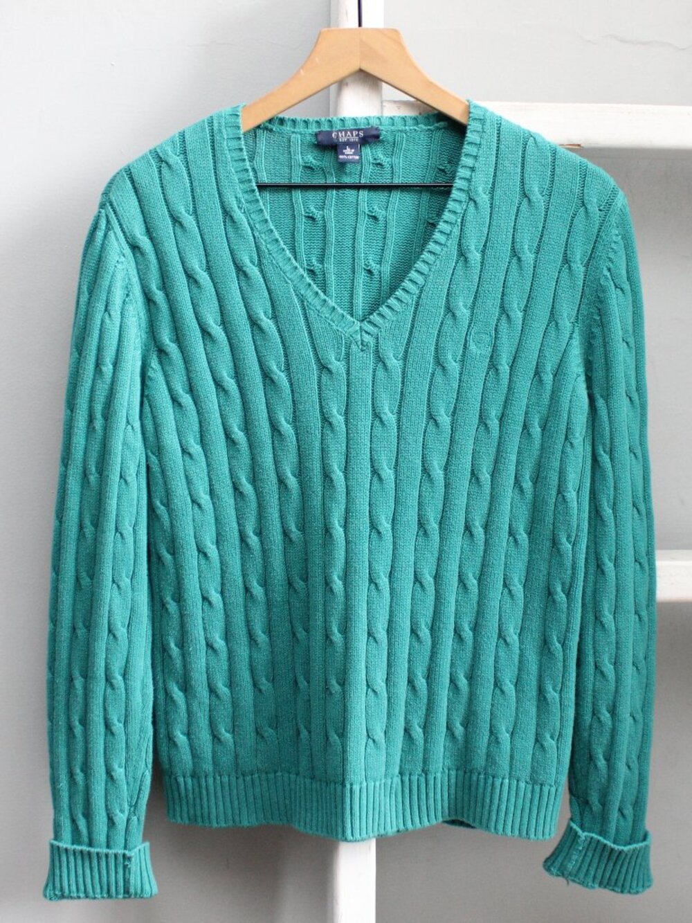 CHAPS Cable Knit V-Neck Pullover Embroidered Logo Sweater Teal Womens Size Large